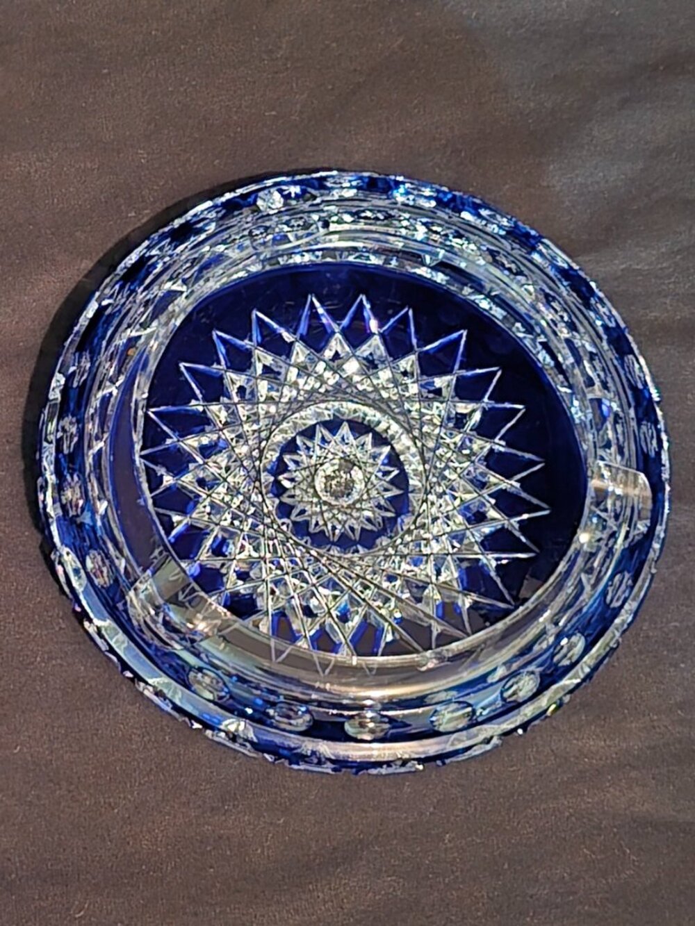 Bohemian Cut Glass Blue Clear Ashtray - Cigar - 6 5/8" W x 1 1/2" H
